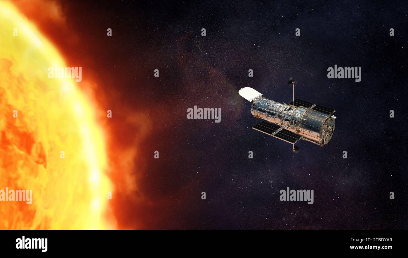 Weltraumteleskop Hubble nahe der Sonne. Elemente dieses Bildes, bereitgestellt von der NASA. Stockfoto
