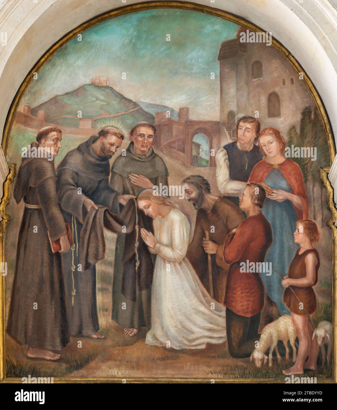 VICENZA, ITALIEN - 5. NOVEMBER 2023: Das Gemälde St. Franziskus von Assisi bei der Ordination von St. Clara im Jahr 1212 in der Kirche Chiesa di San Lorenzo Stockfoto