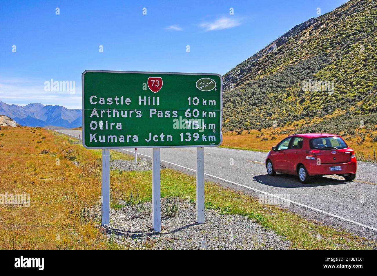 Entfernung zu unterzeichnen am State Highway 73, Region Canterbury, Südinsel, Neuseeland Stockfoto