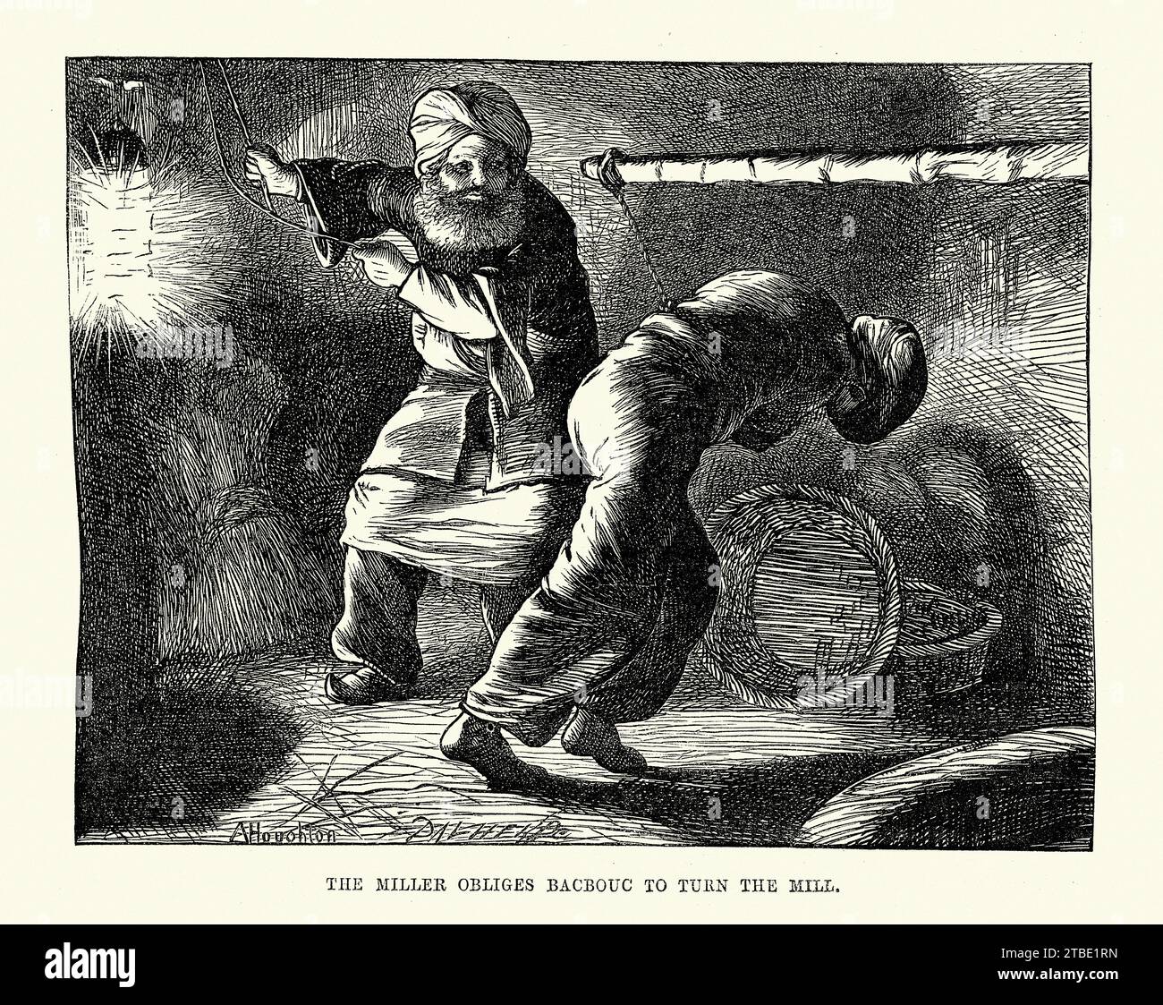 Vintage-Illustration eintausend und eine Nacht, der Müller verpflichtet Bacbouc, die Mühle zu drehen, arabische, nahöstliche Folktalen, von den Brüdern Dalz Stockfoto