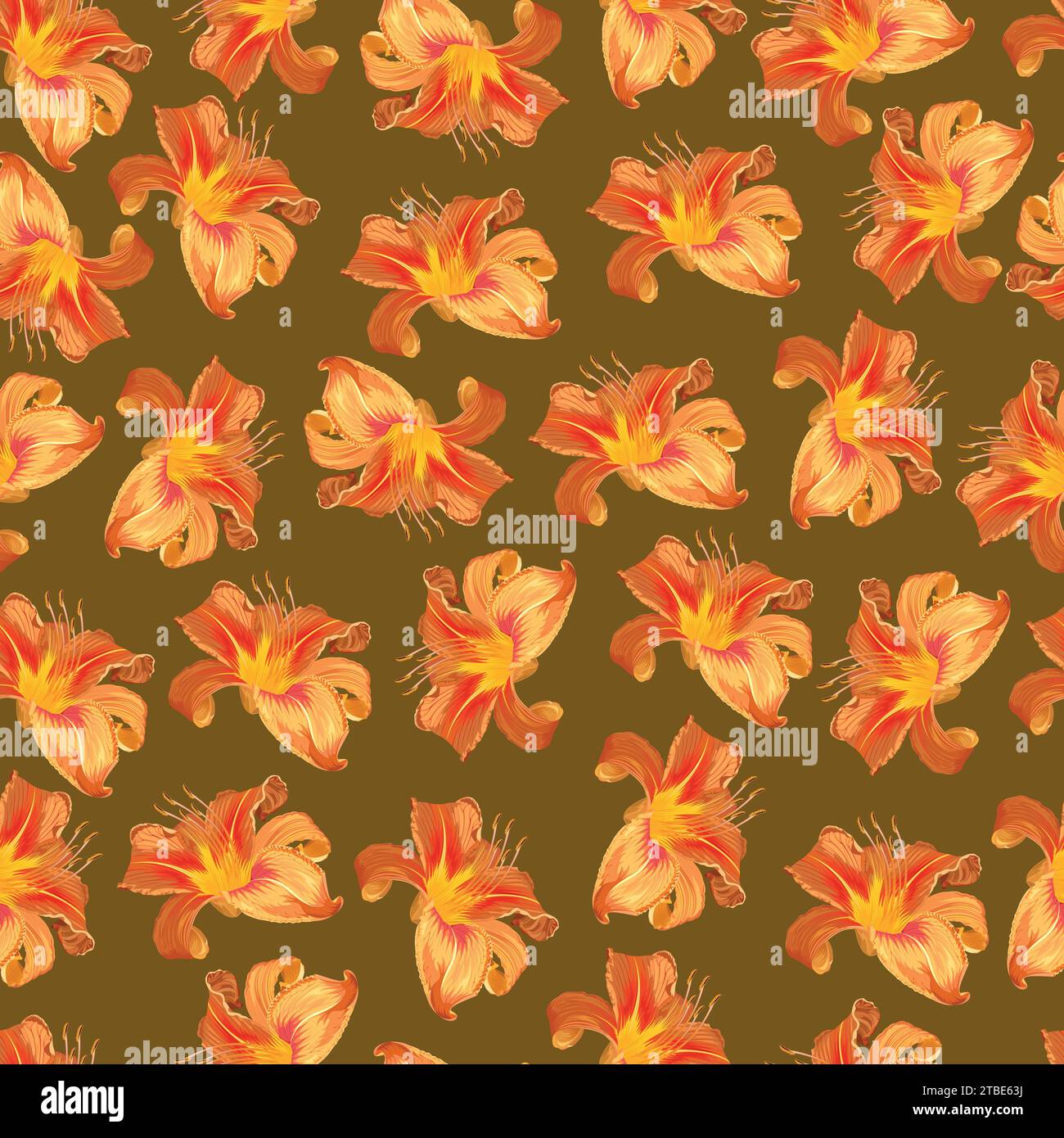 Nahtloses Muster mit Knospen von orangen Lilienblüten auf einem senffarbenen Hintergrund Stock Vektor