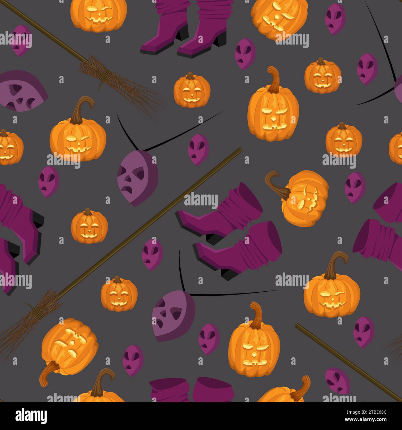 Nahtloses Muster mit Attributen für Halloween auf dunklem Hintergrund Stock Vektor