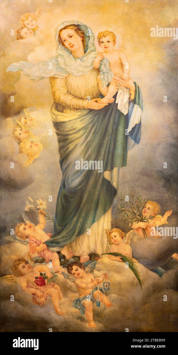 VICENZA, ITALIEN - 6. NOVEMBER 2023: Das Gemälde der Madonna in der Kirche Chiesa di San Gaetano von M. R. Giannella (1950). Stockfoto