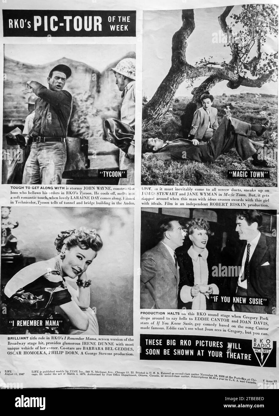 1947 RKO's Bildtour des Films Digest in Life Magazine. Tycoon, Magic Town, ich erinnere mich an Mama, wenn du Susie kennst Stockfoto