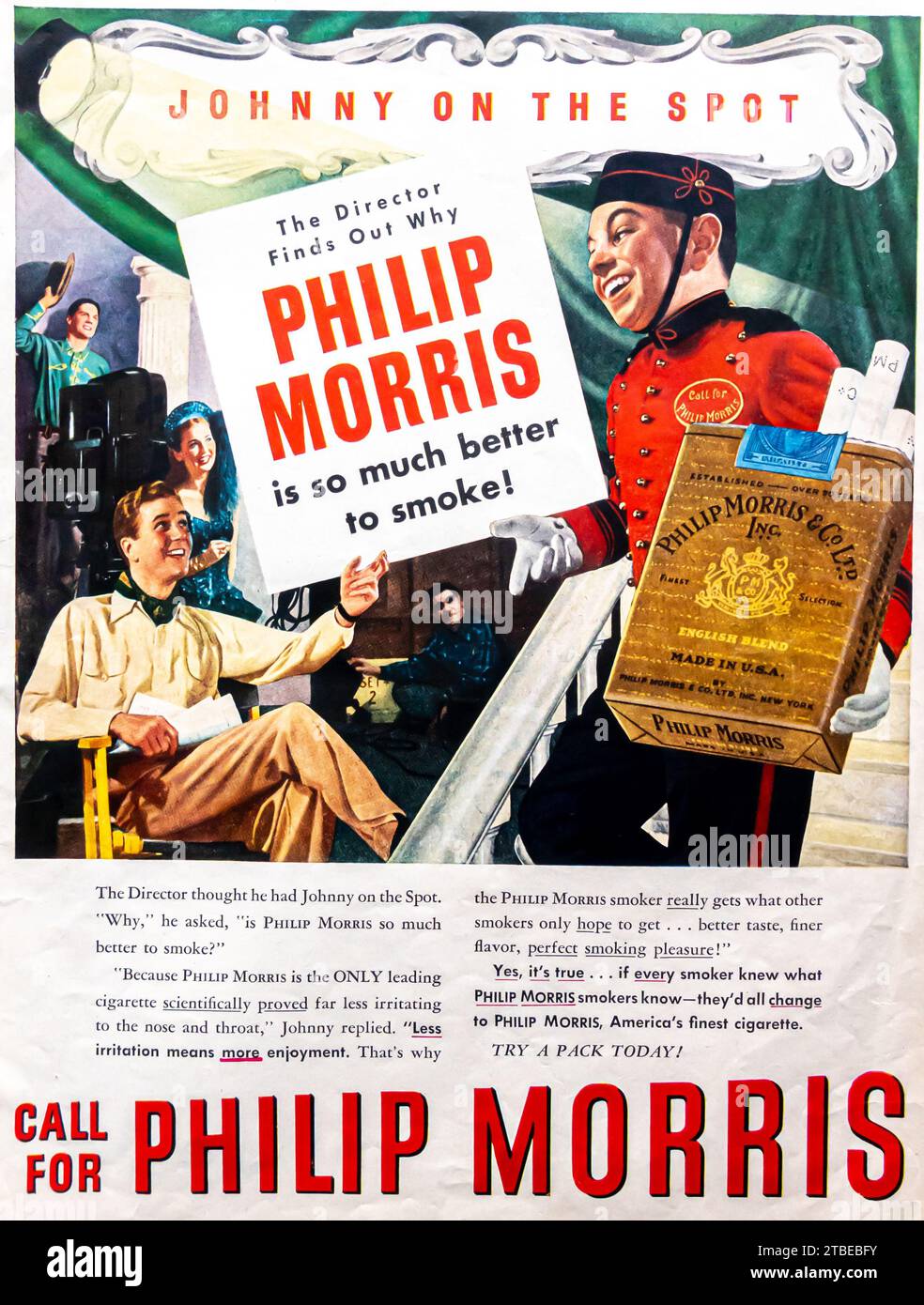 1947 Philip Morris Werbespot. "Johnny auf der Stelle. Rufen Sie für Philip Morris' Stockfoto