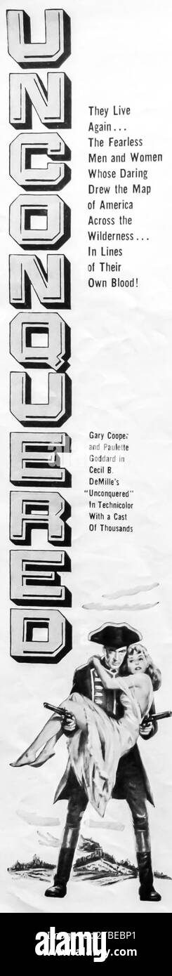 1947 Unconsquered Western Film/Adventure von C ecil B demille mit Gary Cooper und Paulete Godard Film Anniouncement Strip im Life Magazine Stockfoto