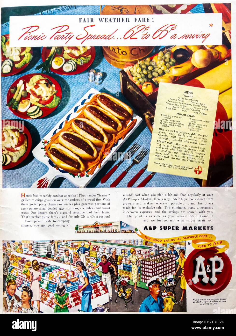 1947 A&P Supermärkte Werbespot. Picknickparty breit Stockfoto