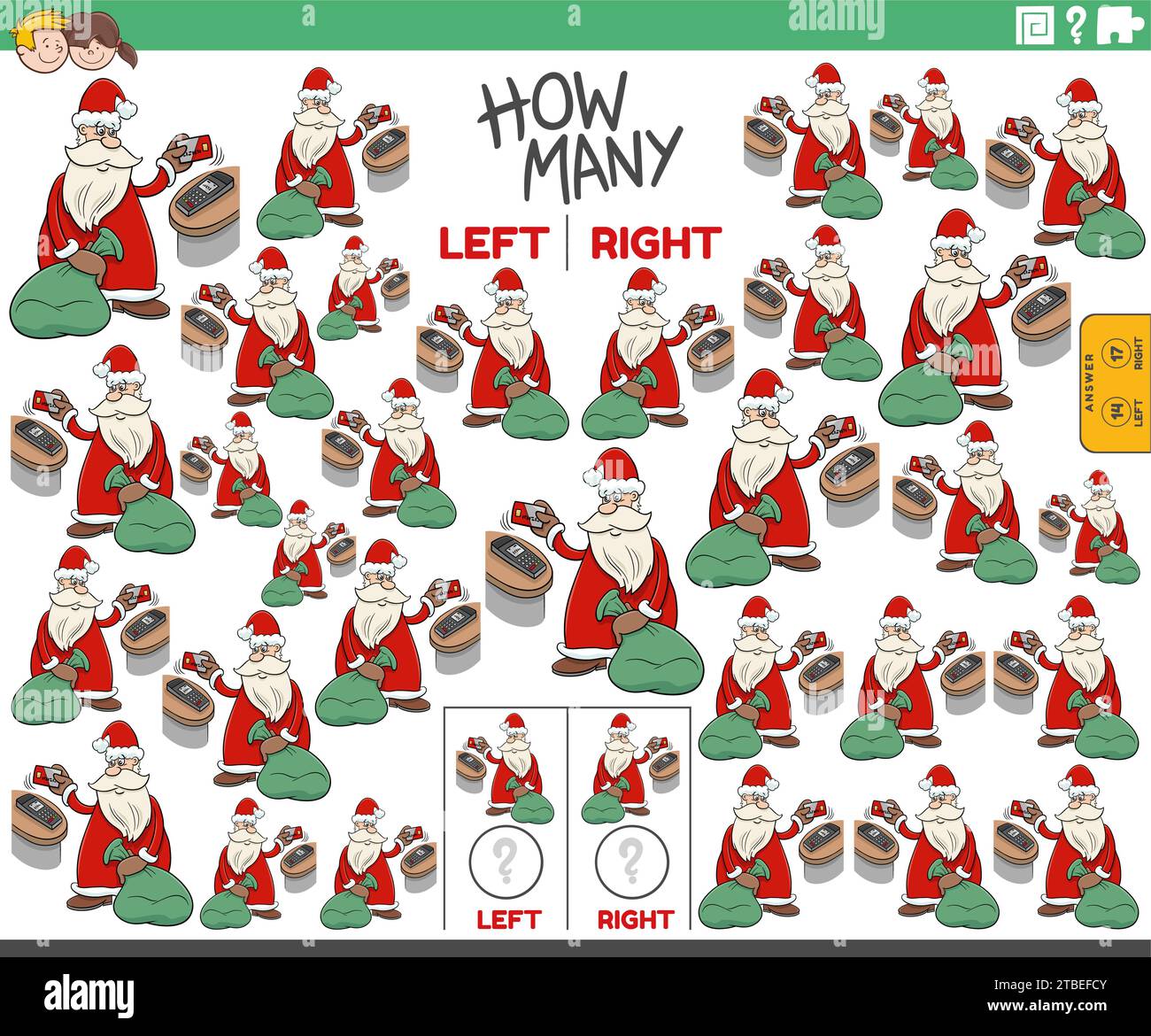 Zeichentrickillustration des Lernspiels des Zählens links und rechts orientierter Bilder des Weihnachtsmanns mit Sack der Geschenke und Kreditkarte Stock Vektor