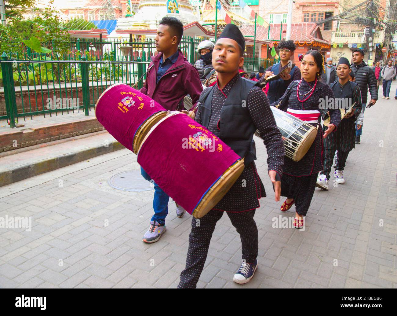 Nepal, Kathmandu, Tihar Festival, Schlagzeuger, Musiker, Prozession, Stockfoto