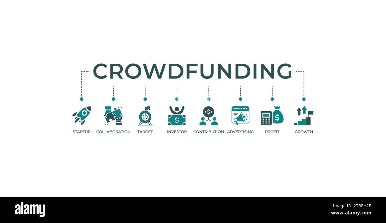 Crowdfunding Web-Symbol-Vektor-Illustration Konzept mit Symbol für Start-up, Zusammenarbeit, Ziel, Investor, Beitrag, Werbung, Gewinn, Wachstum Stock Vektor