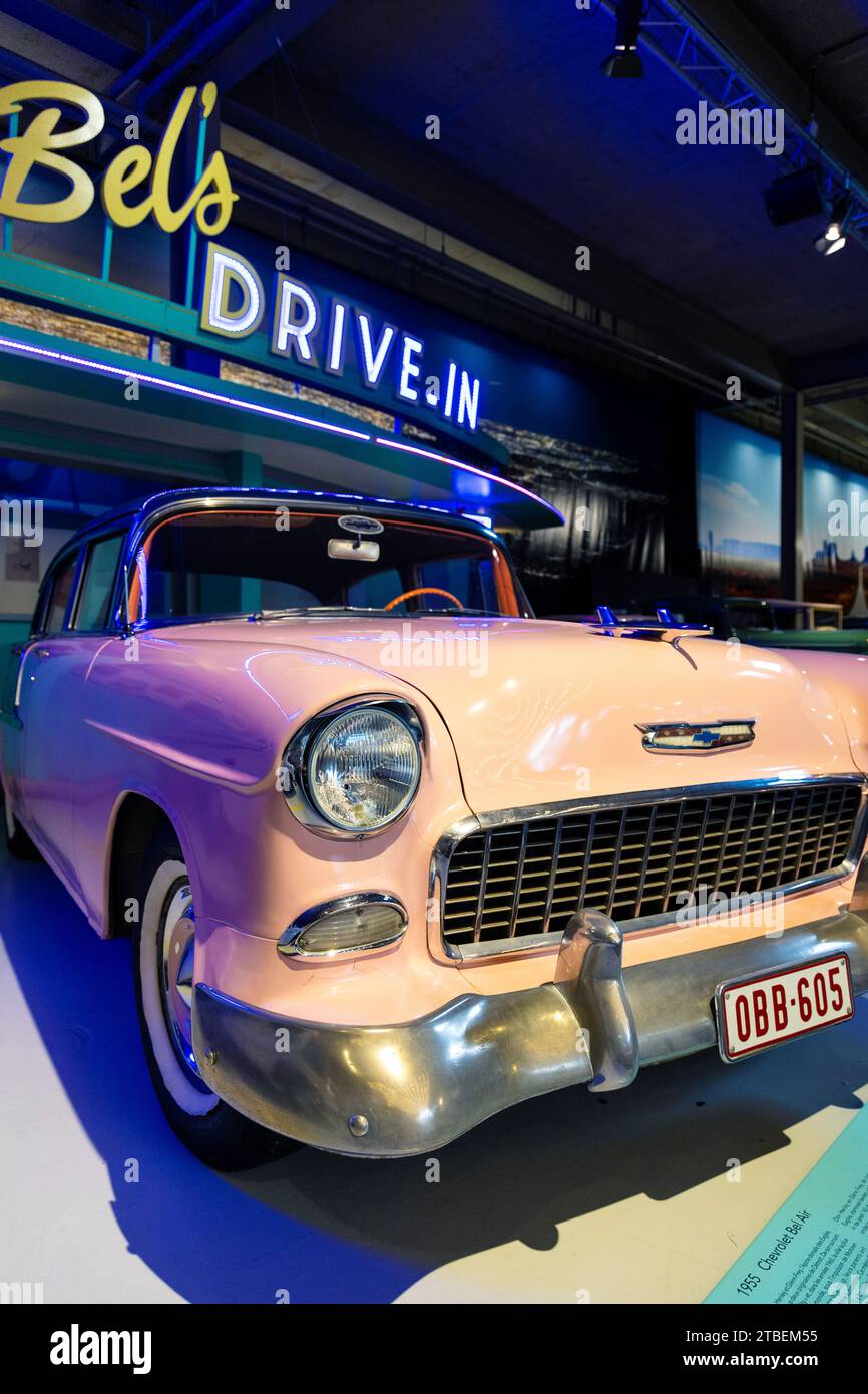 Vintage American 1955 Chevrolet Bel Air ausgestellt, Autoworld Museum, Brüssel, Belgien Stockfoto