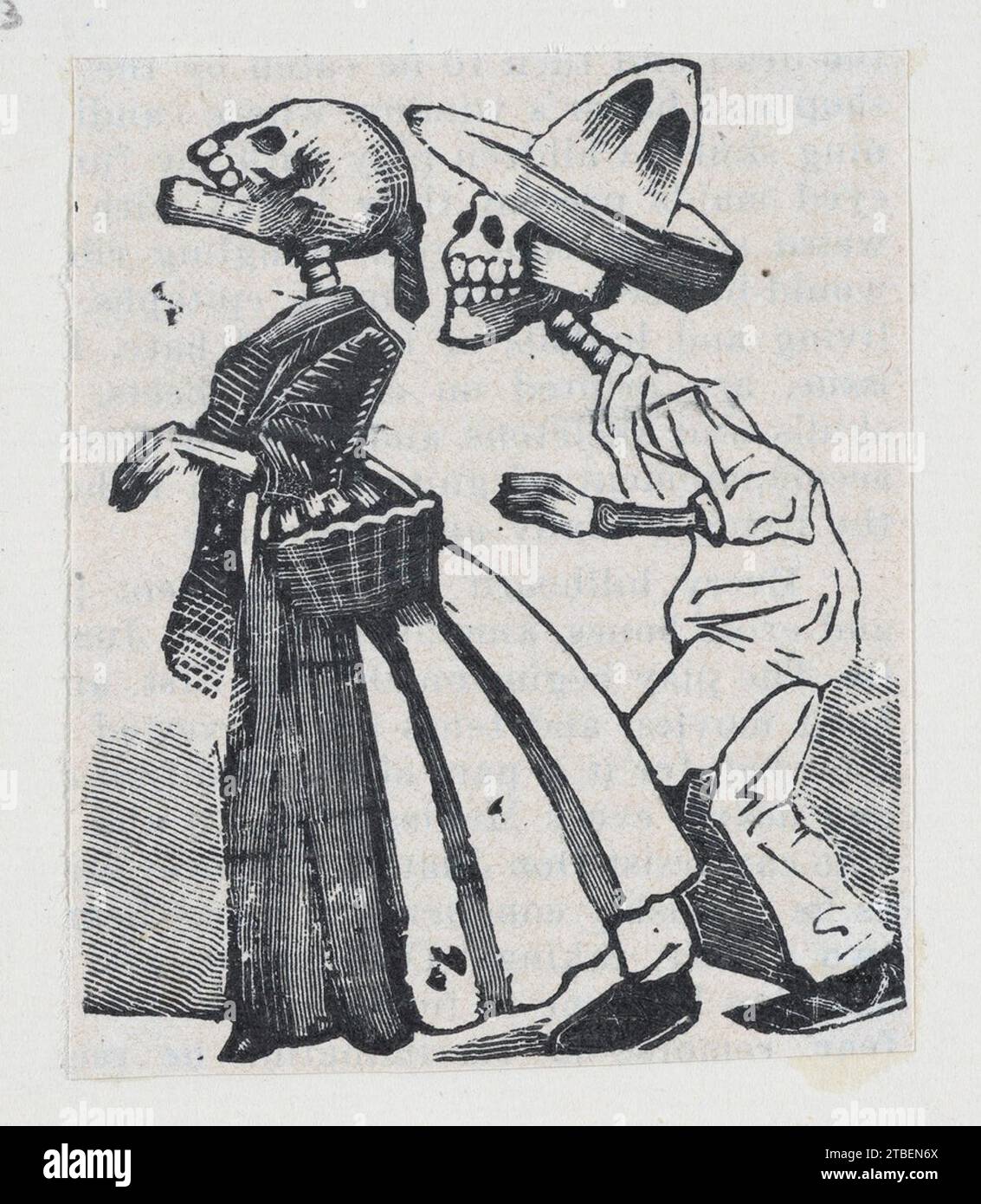 Ein männliches Skelett hinter einem weiblichen Skelett (Vignette für das Totenfest) 1930 von Jose Guadalupe Posada Stockfoto