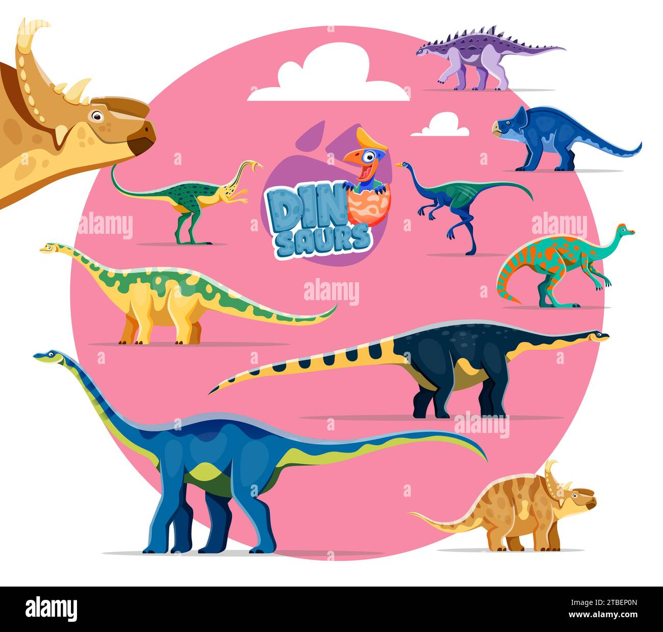 Lustige Dinosaurier-Cartoon-Persönlichkeiten. Struthiosaurus, Protoceratops, Elmisaurus und Garudimimus, Jaxartosaurus, Opisthocoelicaudia und Magyarosaurus, Quaesitosaurus, Pachyrhinosaurus Dinosaurier-Charaktere Stock Vektor