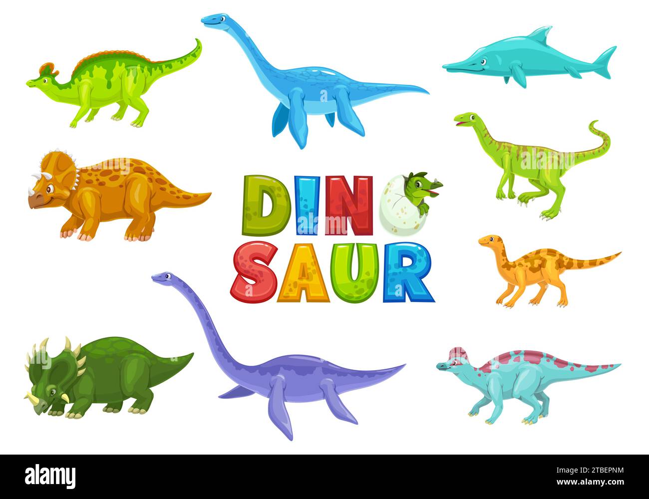 Cartoon Dinosaurier Tiere lustige Charaktere. Paläontologie ausgestorbene Reptilienmaskottchen. Ichthyosaurus, Plesiosaurus, Raptor und Plateosaurus, Jaxartosaurus, Triceratops Dinosaurier Vektorkomische Persönlichkeiten Stock Vektor