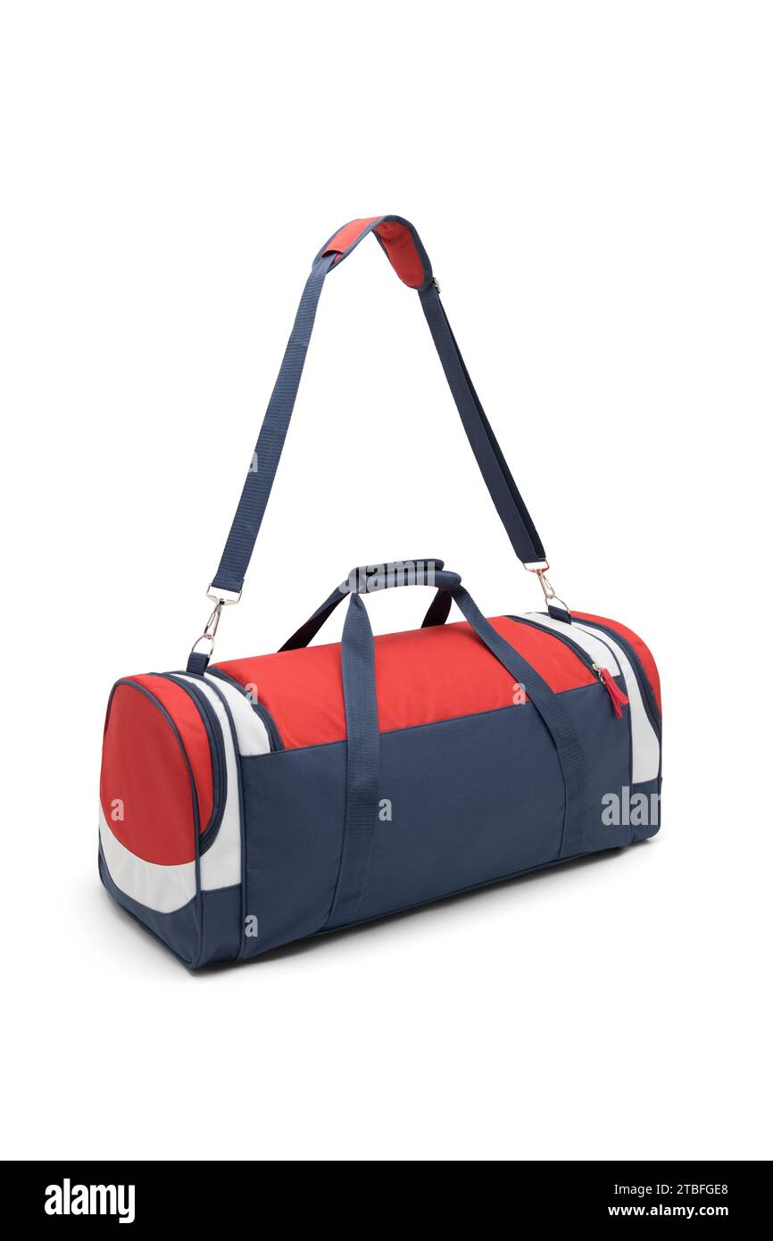 Leere Outdoor trendige Spaß Sport benutzerdefinierte Nylon Cross Body Schultergurt Tasche Duffle Gym Reisetaschen isoliert auf weißem Hintergrund. Modell. Stockfoto