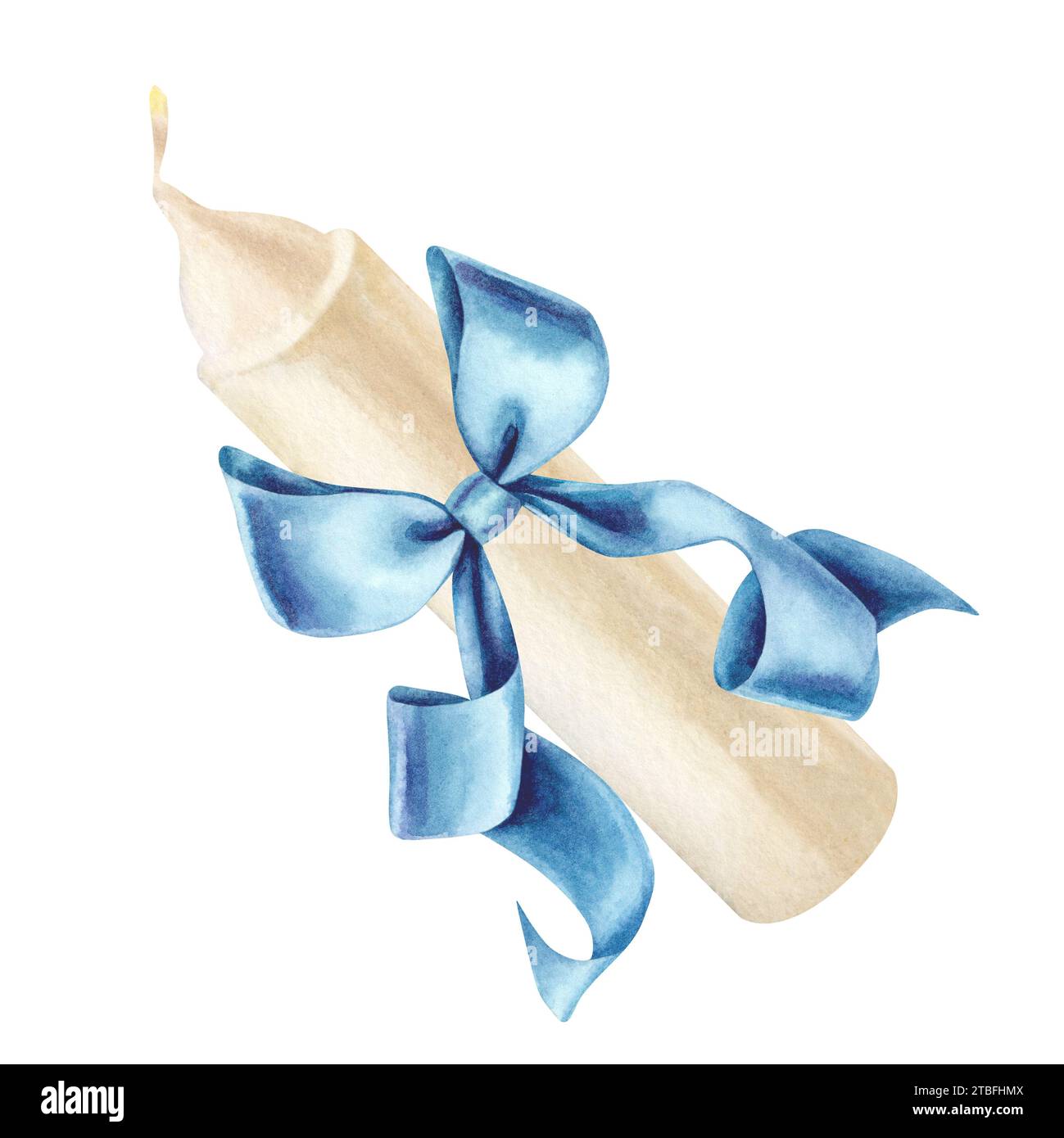 Weiße Kerze mit blauer Schleife für Illustrationen zu Weihnachten, Candlemas, Hochzeit, Geburtstag, Ostern, Magie, Gedenktag, Spa und Entspannung f Stockfoto