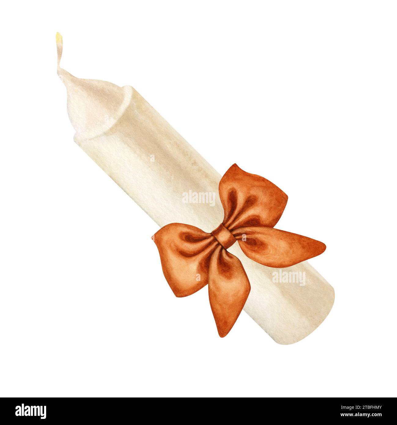 Weiße Kerze mit orangefarbener Schleife für Illustrationen zu Weihnachten, Candlemas, Hochzeit, Geburtstag, Ostern, Magie, Gedenktag, Spa und Entspannung Stockfoto
