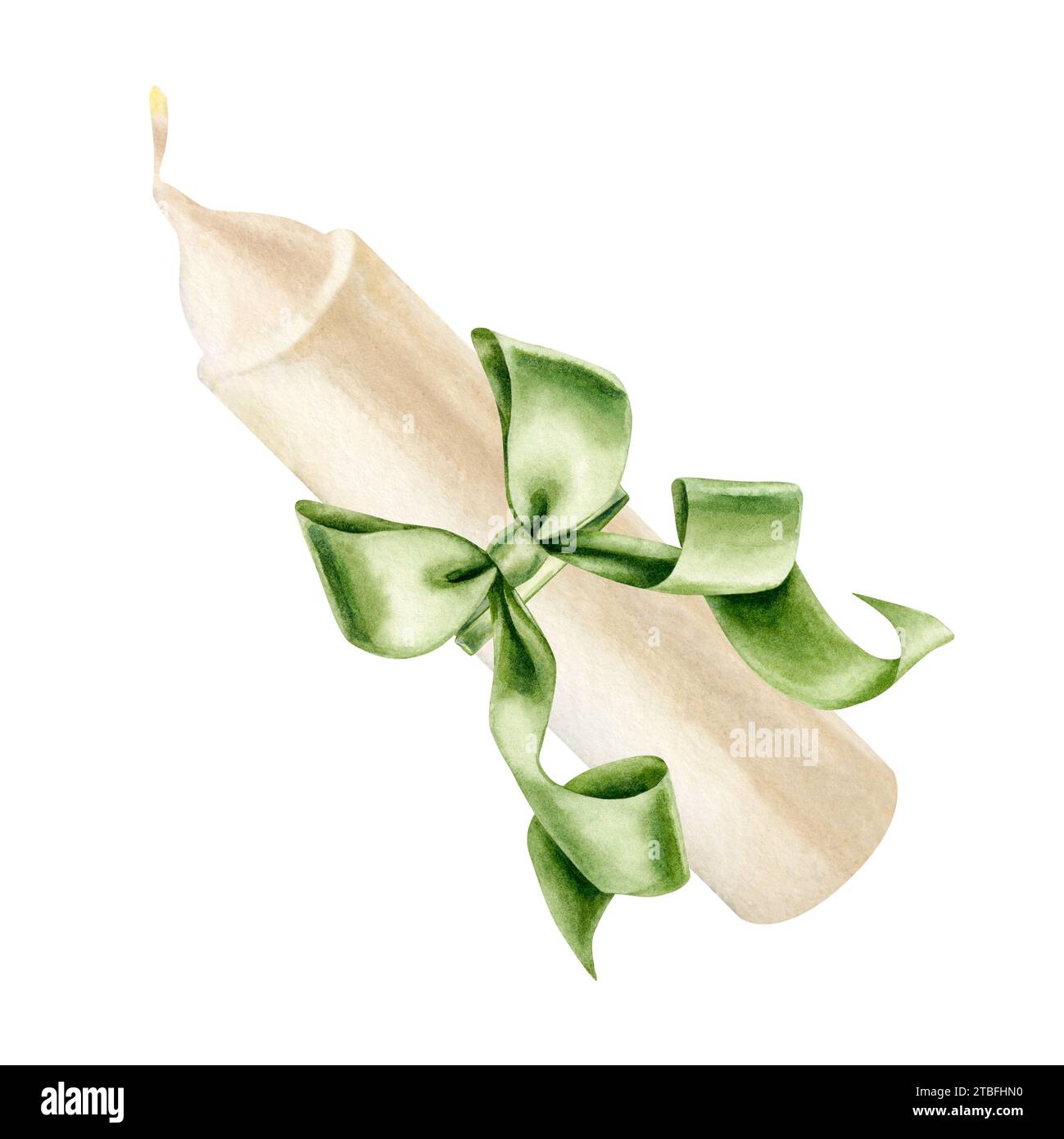 Weiße Kerze mit grüner Schleife für Illustrationen zu Weihnachten, Candlemas, Hochzeit, Geburtstag, Ostern, Magie, Gedenktag, Spa und Entspannung Stockfoto