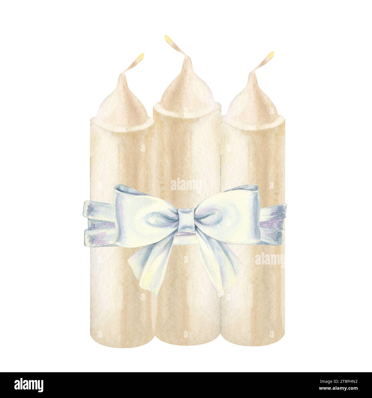Weiße Kerzen mit weißer Schleife für Illustrationen zu Weihnachten, Candlemas, Hochzeit, Geburtstag, Ostern, Magie, Gedenktag, Spa und Entspannung Stockfoto