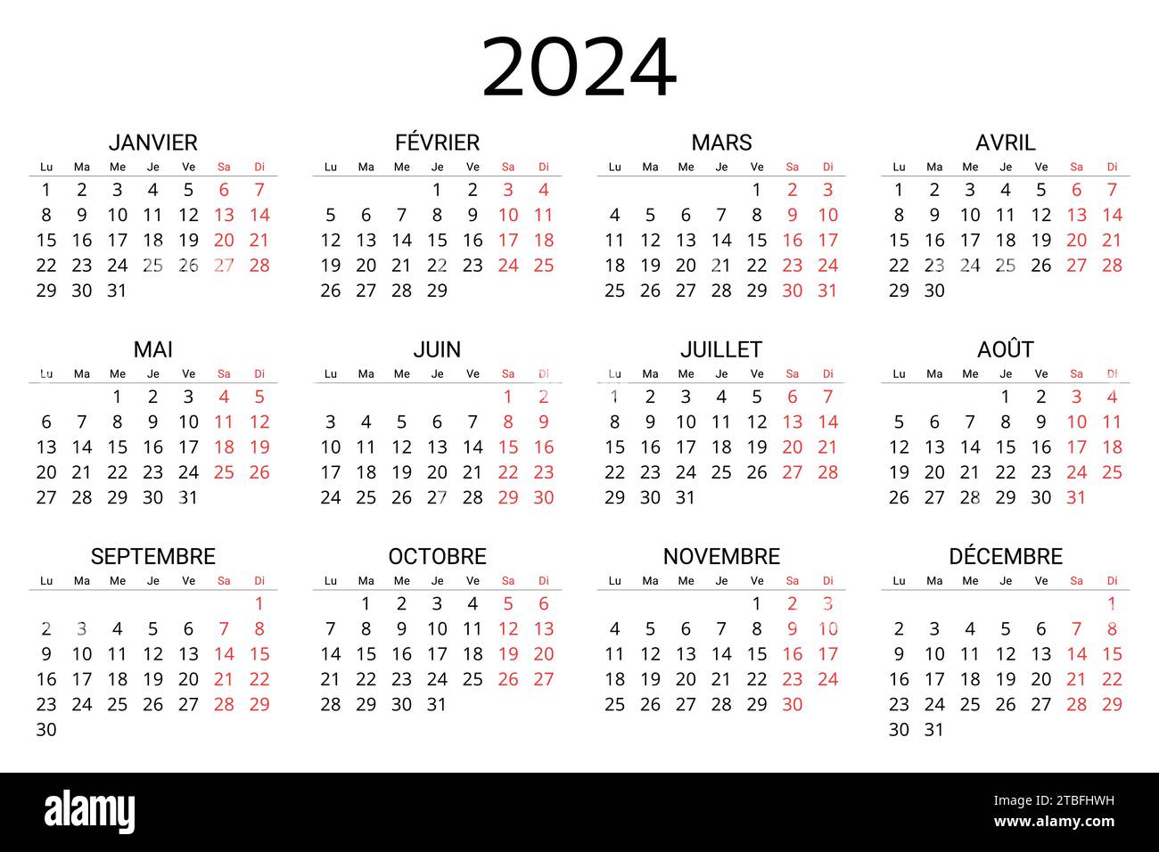 französischer Kalender 2024. Druckbare, editierbare Vektorillustration für Frankreich. 12 Monate Jahreskalender. Querformat Stock Vektor