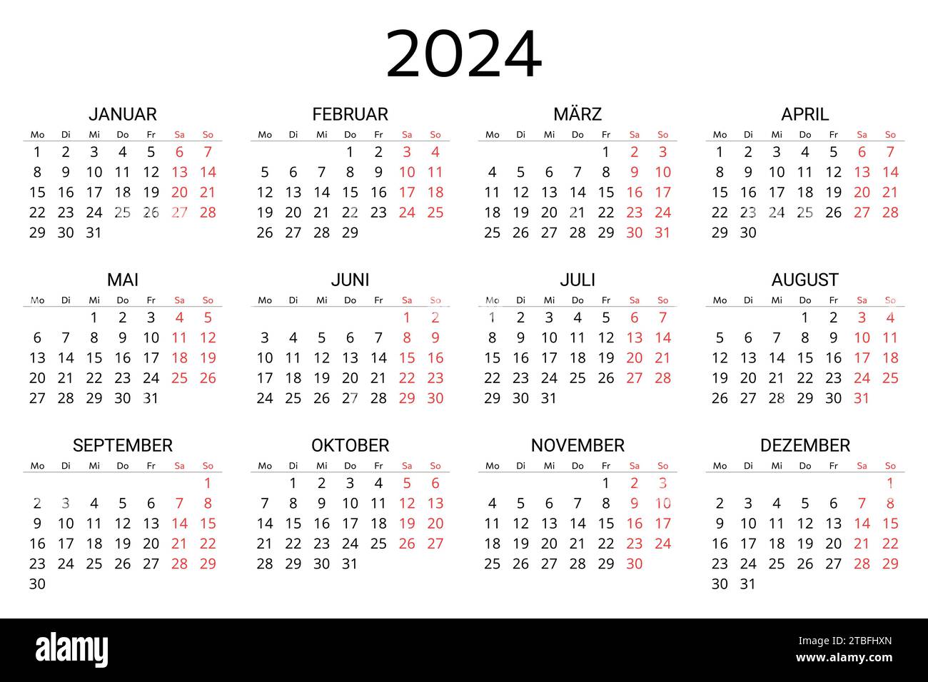 deutscher Kalender 2024. Druckbare, editierbare Vektorillustration für