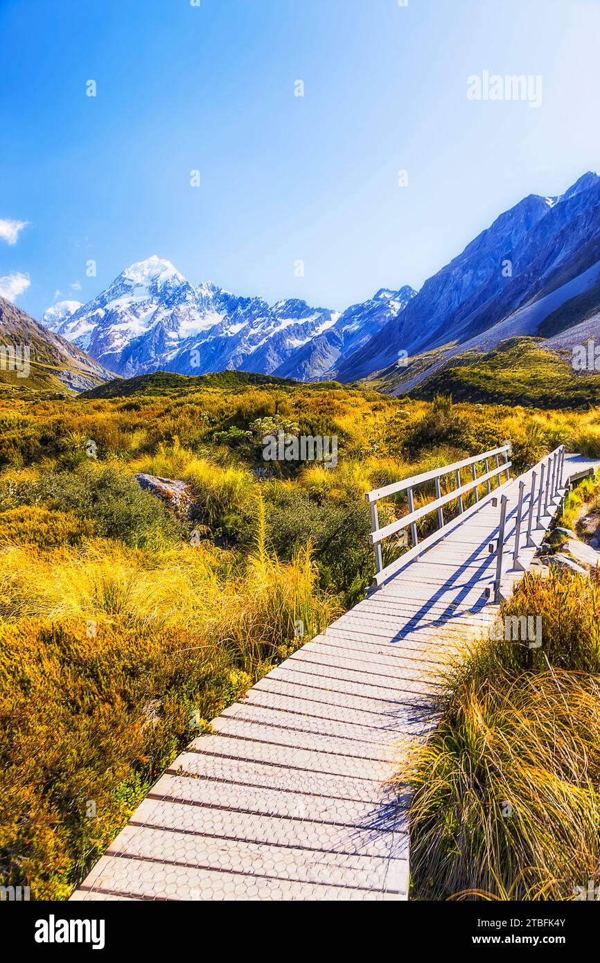 Boardwalk-Pfad im Hooker Valley in Neuseeland zum majestätischen Mt Cook Peak. Stockfoto