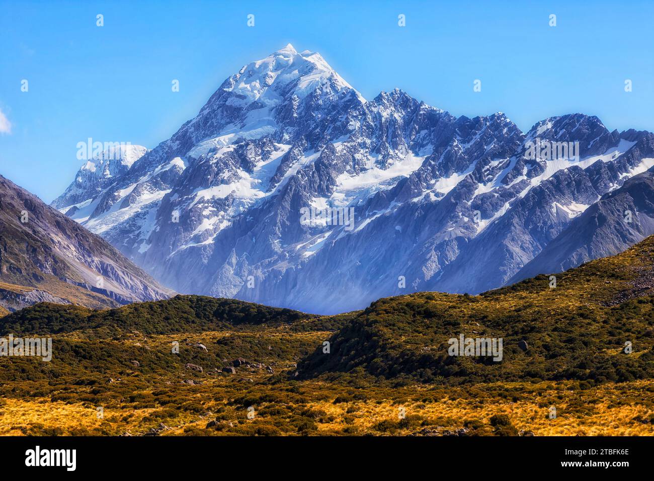 Majestätischer Gipfel des Mt Cook in felsigen Bergen von South Island in Neuseeland. Stockfoto