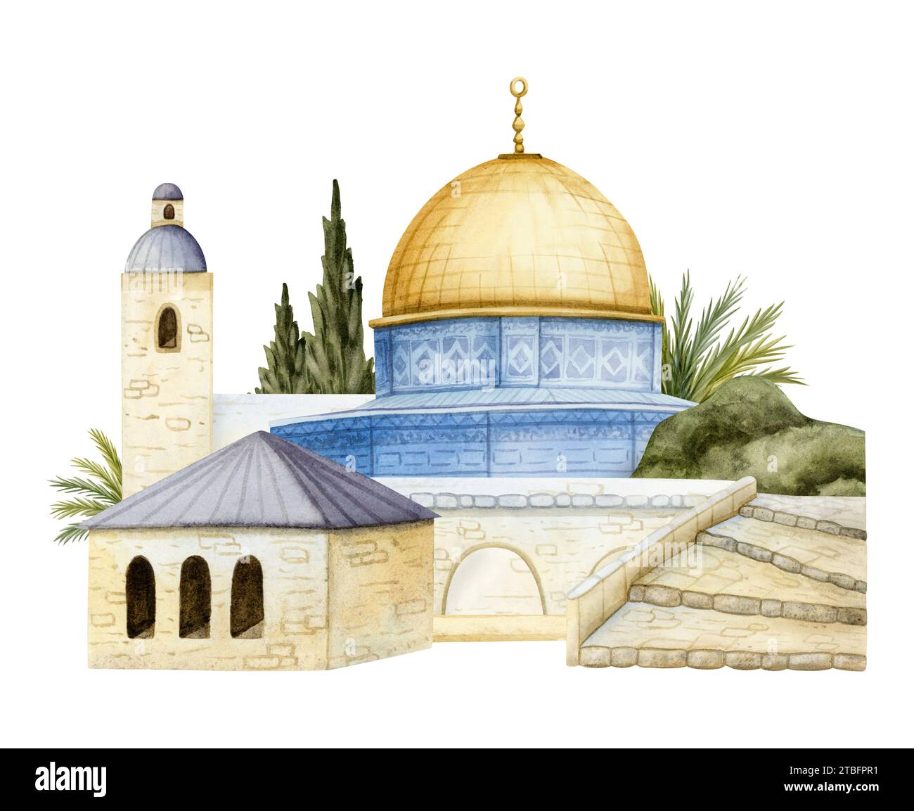 Altstadt von Jerusalem Stadtbild mit Kuppel des Felsens mit Bäumen Aquarell Illustration. Tempelberg in Israel Stockfoto