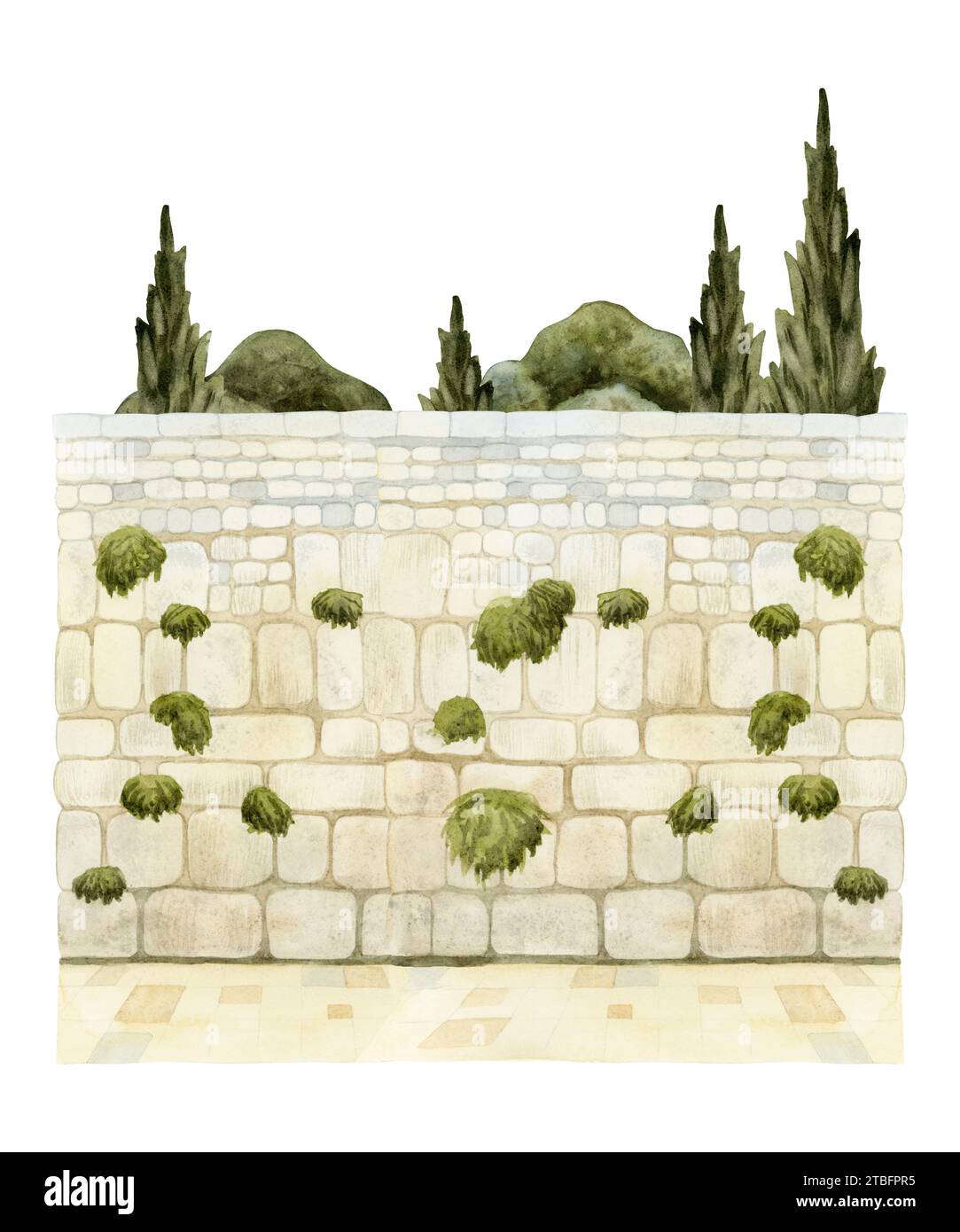 Jerusalem Kotel jüdische Westmauer Anblick in der alten Stadt Aquarellillustration. Historische Stadt Israels Stockfoto