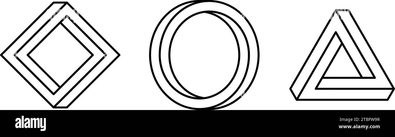 Formset nicht möglich. Linie optischer Illusionskreis, Quadrat, Dreieck. mobius Streifen-Kollektion umreißen. Abstrakte unwirkliche geometrische Formen. Lineare Puzzle-Design-Elemente für Logo, Symbol, Etikett, Tag. Vektor Stock Vektor