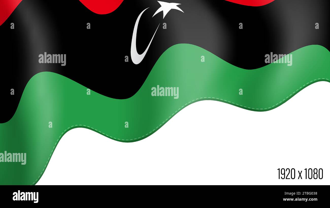 Libysche Landesflagge realistischer Unabhängigkeitstag Hintergrund. Libysches commonwealth-Banner in Bewegung winkelt, flattert im Wind. Festliches patriotisches HD-Format Stock Vektor