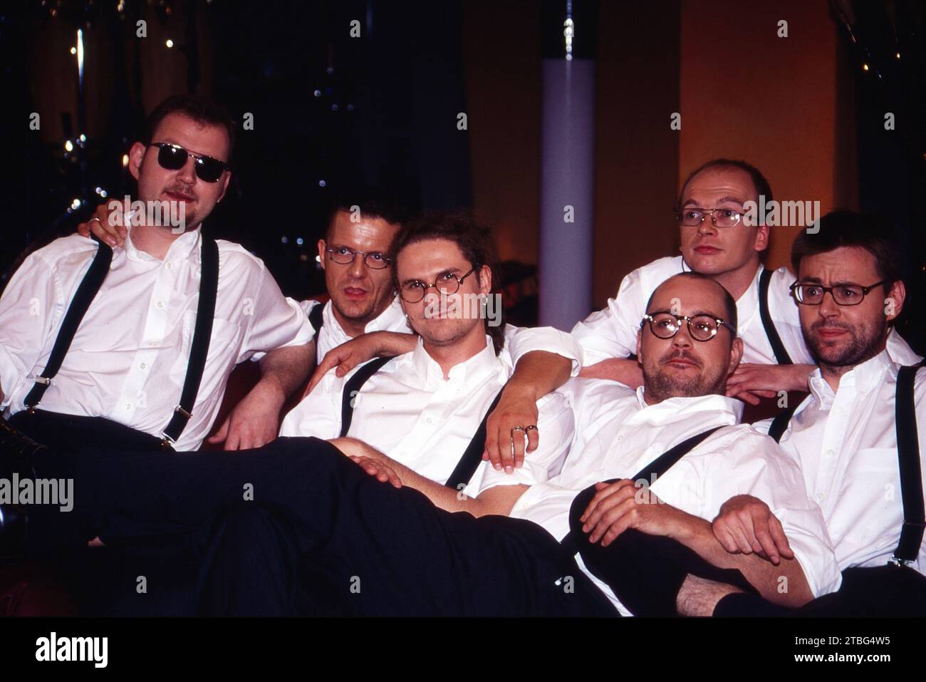Sixpack, A Cappella Comedy Show aus Bayreuth, mit den Vokalakrobaten: Johannes Betz, Markus Burucker, Bernd Esser, Lars Kienle, Markus Lohmüller, Chris Strobler, Bild um 1990. Stockfoto