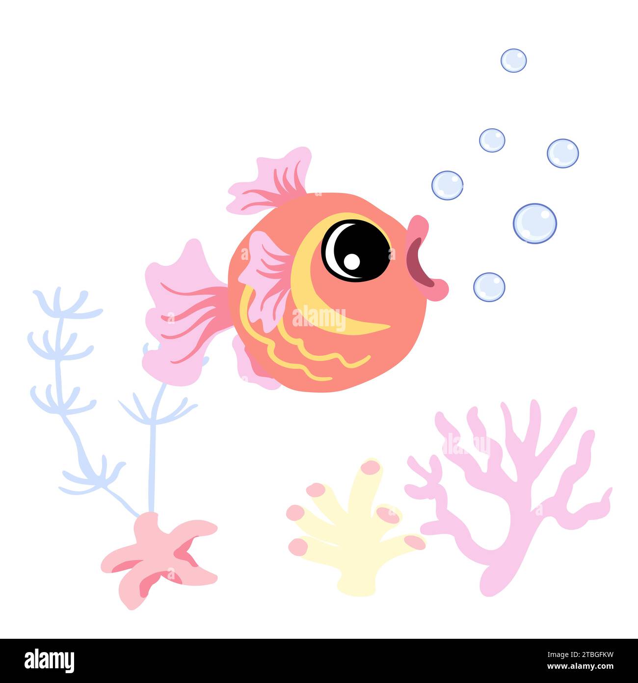 Niedlicher Goldfisch mit Blasen, Seesternen und Muscheln, Korallen unter Wasser. Meereslebewesen-Charaktervektor-Illustration Stock Vektor