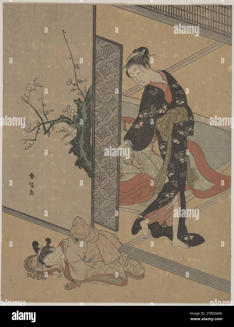 Junge Dame, die durch die Tür auf ihren Kamuro (kleine Dienerin) schaut, der auf dem Boden schläft 1929 von Suzuki Harunobu Stockfoto