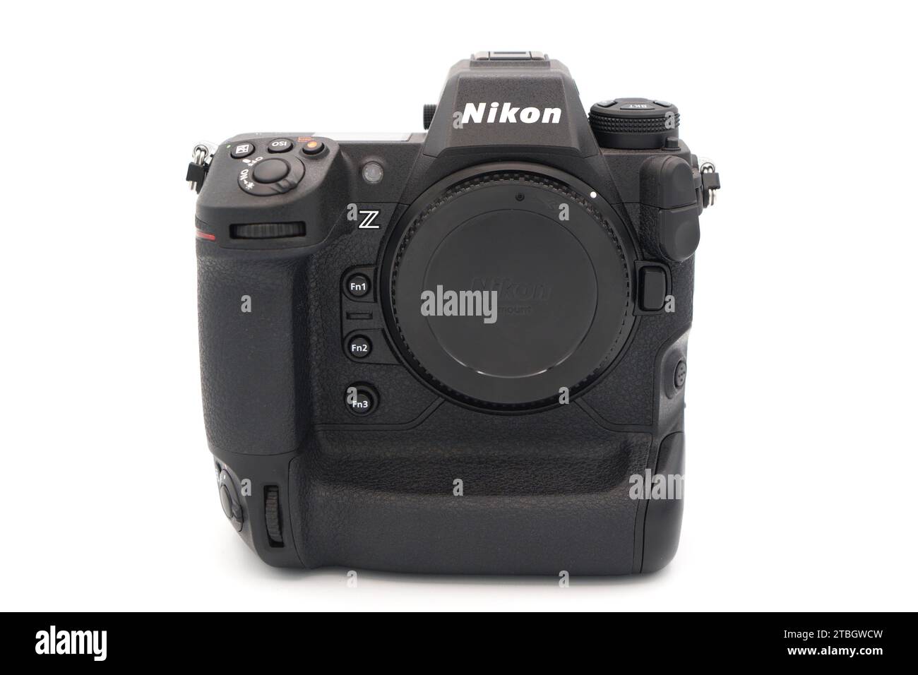 Nikon Z9 spiegelloser professioneller Kameraausschnitt isoliert auf weißem Hintergrund Stockfoto