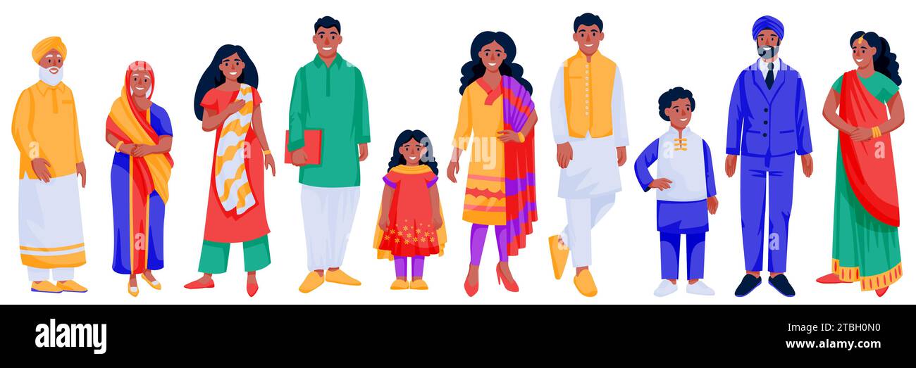 Indianer in traditioneller Kleidung. Illustration von Vektor-Zeichentrickfiguren. Familie, Kinder, Senioren, Männer in Anzügen und Frauen in bunten Beau Stock Vektor