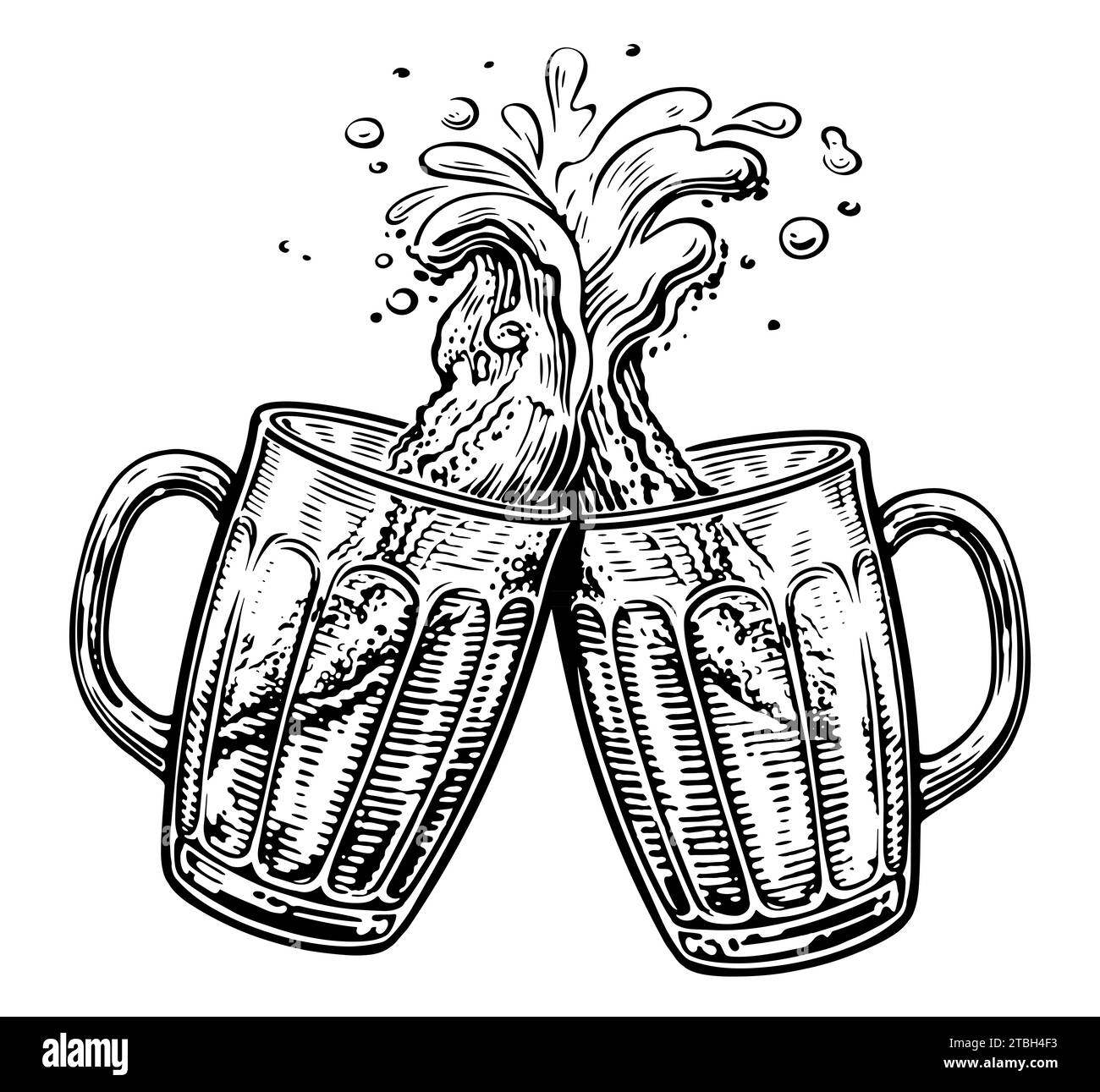 Zwei Bierbecher zum Toasten, Cheers. Klirrende Glasbehälter voller Bier und Schaumspritzer Stockfoto