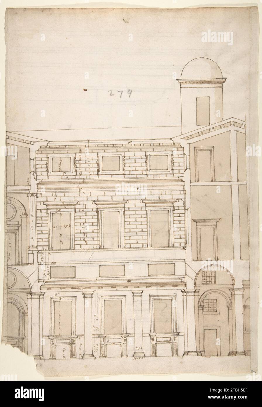 Palazzo Massimo alle Colonne, cortile, Sektion (Recto) Palazzo Massimo alle Colonne, erste Etage Loggia entablature, Profilschnitt und Säulenschaft (verso) 1949 von Anonym, Französisch, 16. Jahrhundert Stockfoto