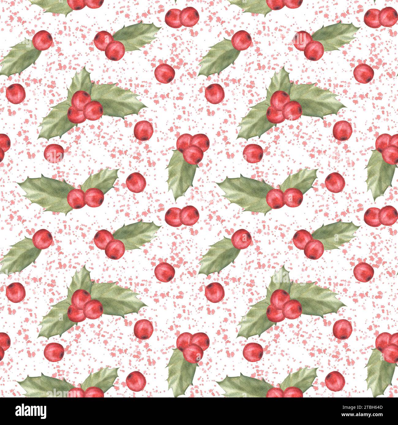 Aquarellgemalte Illustration von roten stechpalmenblättern und Beeren mit Spritzern. Nahtloses Muster. Clipart für Weihnachten oder Silvester Dekor, Geschenk Stockfoto