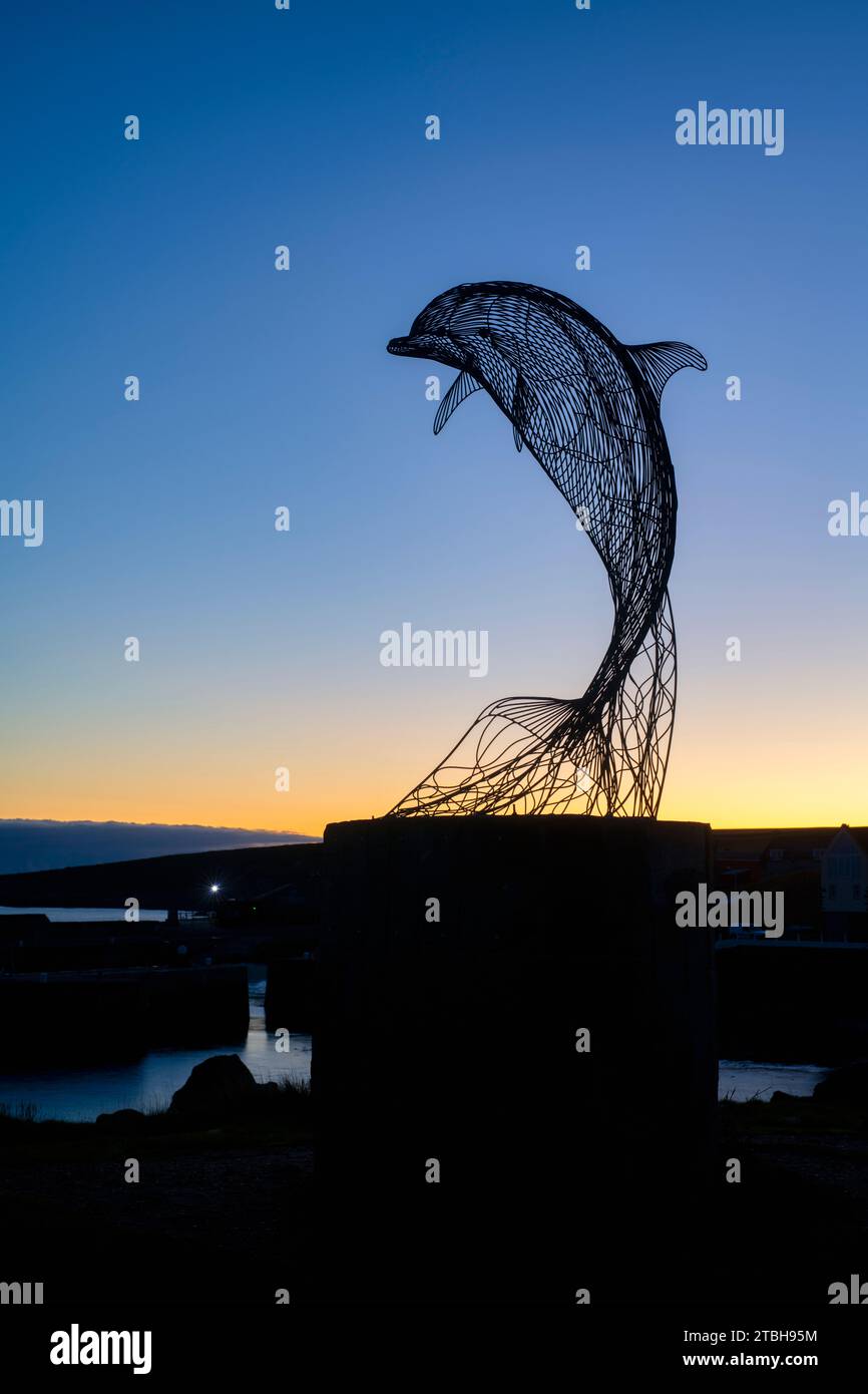 Dolphin-Drahtskulptur bei Sonnenaufgang in Portsoy von Carn Standing. Aberdeenshire, Schottland Stockfoto