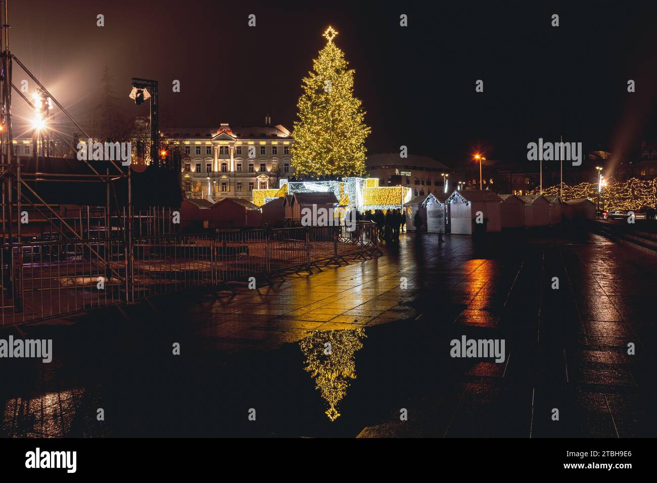 Wunderschöner echter Weihnachtsbaum mit Markt, Menschen und Touristen, die 700. Jahrestag der Stadt, Vilnius Domplatz, Litauen, Europa feiern Stockfoto