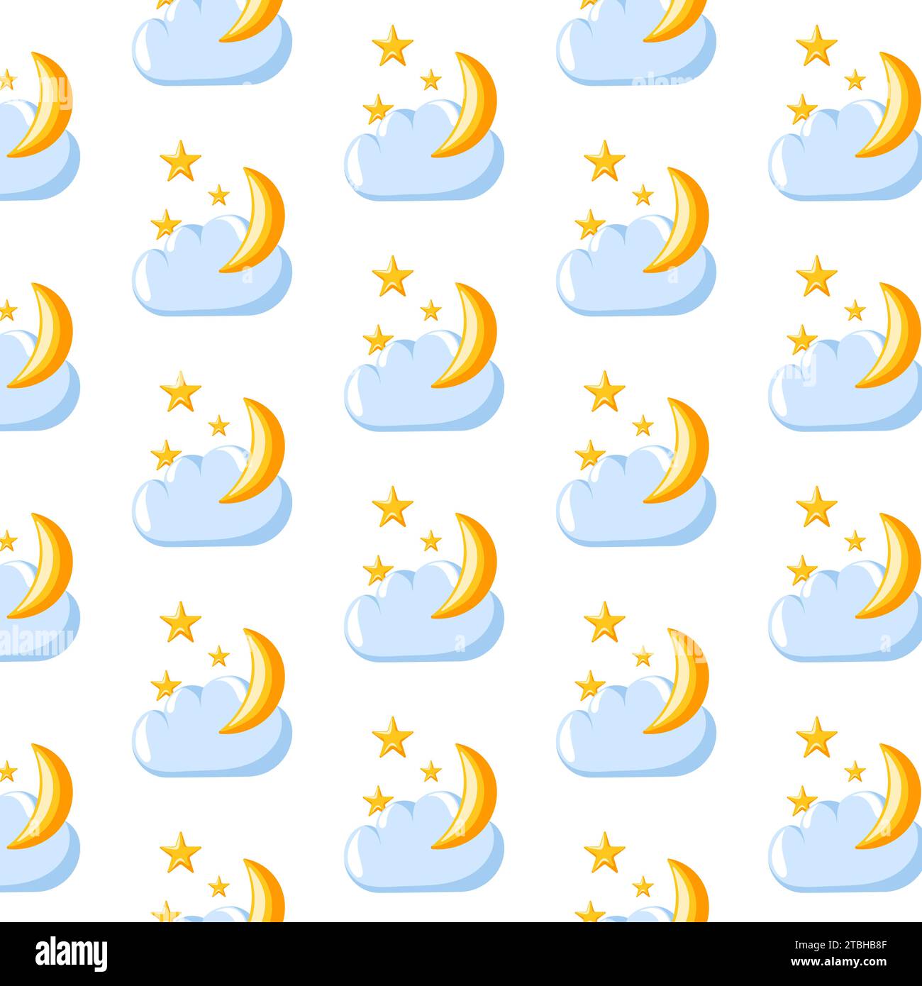 Wolke mit nahtlosem Muster von Mond und Sternen. Zeichentrickstil. Design für Kinderzimmer, Bettwäsche, Verpackung. Vektorabbildung auf weiß Stock Vektor