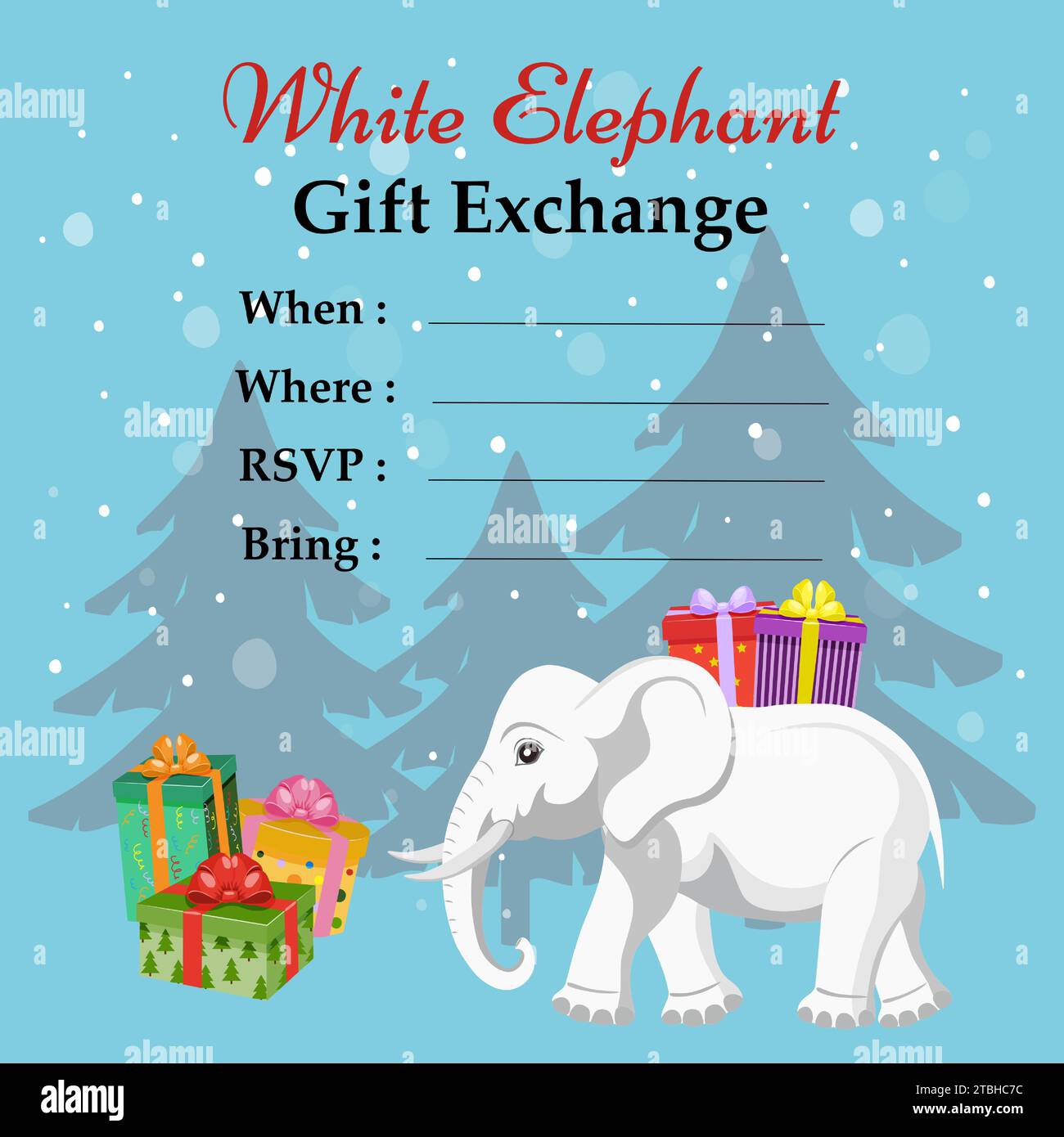 Geschenketausch Für Weiße Elefanten. Einladung zum Weihnachtsgeschenk-Spiel des Weißen Elefanten. Lustige und moderne Vorlage für Partyeinladungen. Vektorillustra Stock Vektor