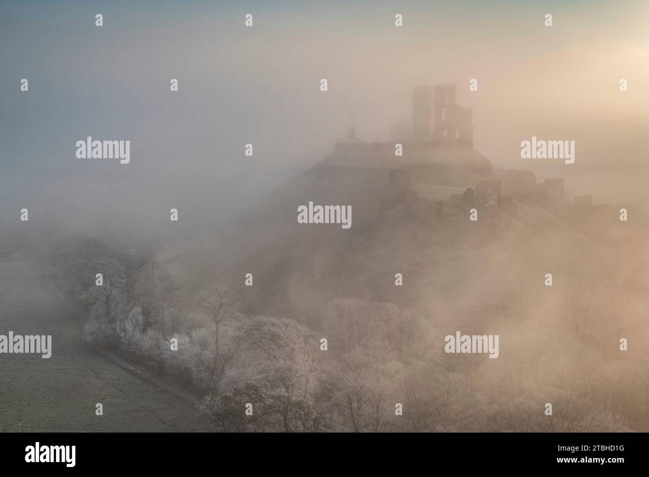 Corfe Castle taucht an einem frostigen winterlichen Morgen aus Nebel auf, Dorset, England. Winter (Februar) 2023. Stockfoto