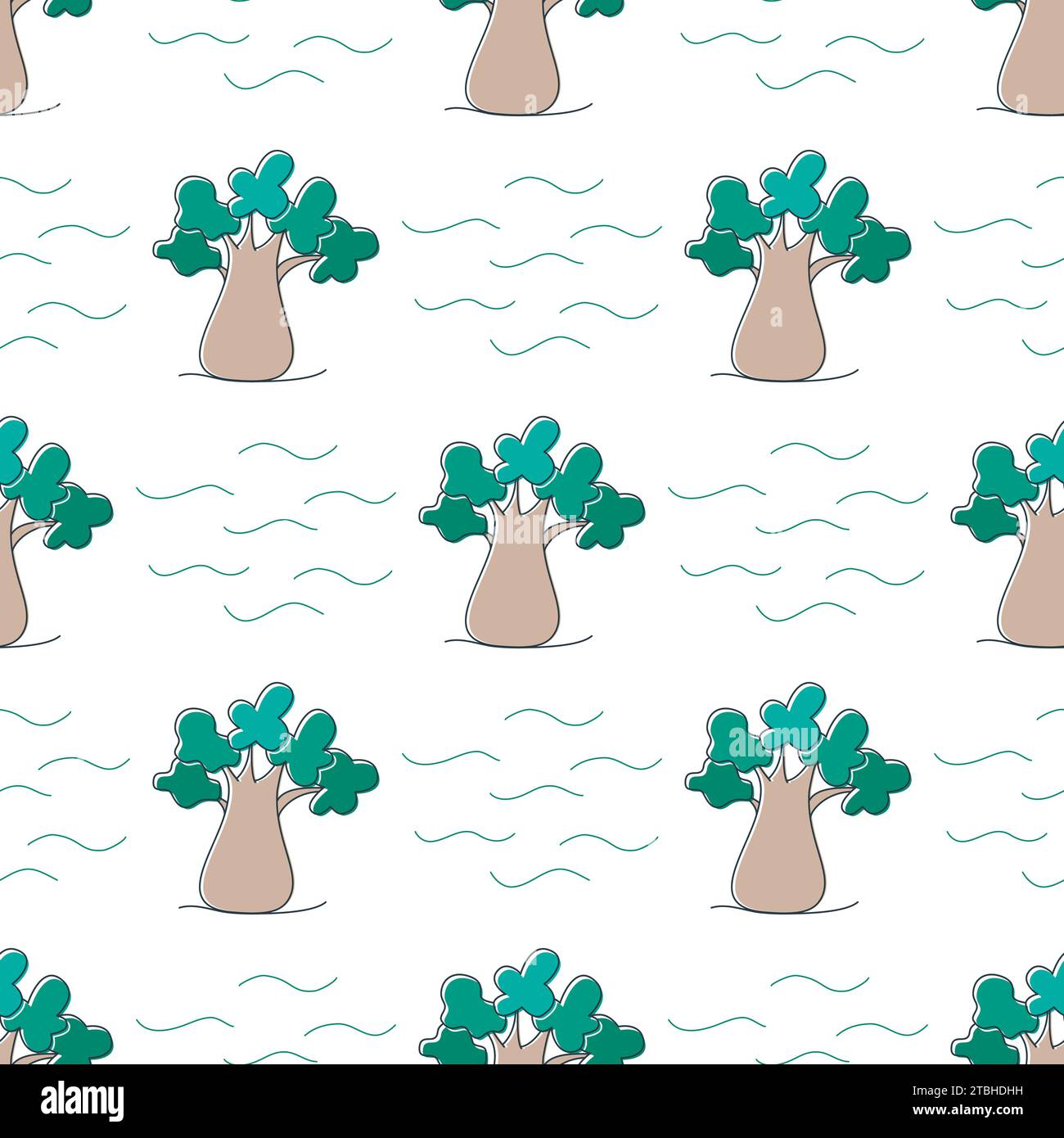 Tropische Baobabs Savanne nahtloses Muster. Hintergrund mit tropischen Bäumen. Pflanzen Afrikas und Australiens. Naturdruck Vektorillustration Stock Vektor