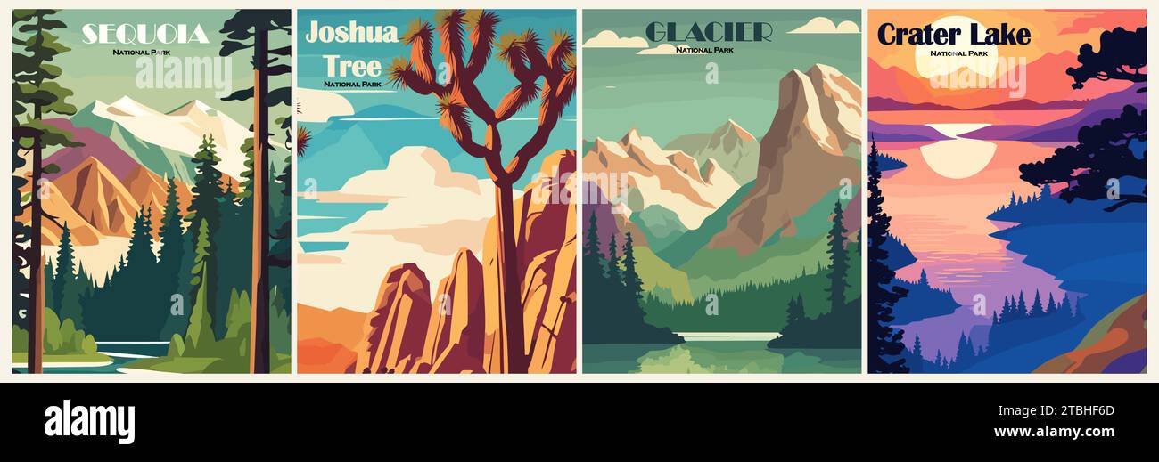 Set von Retro National Parks USA Plakate Vektorkunst Stock Vektor