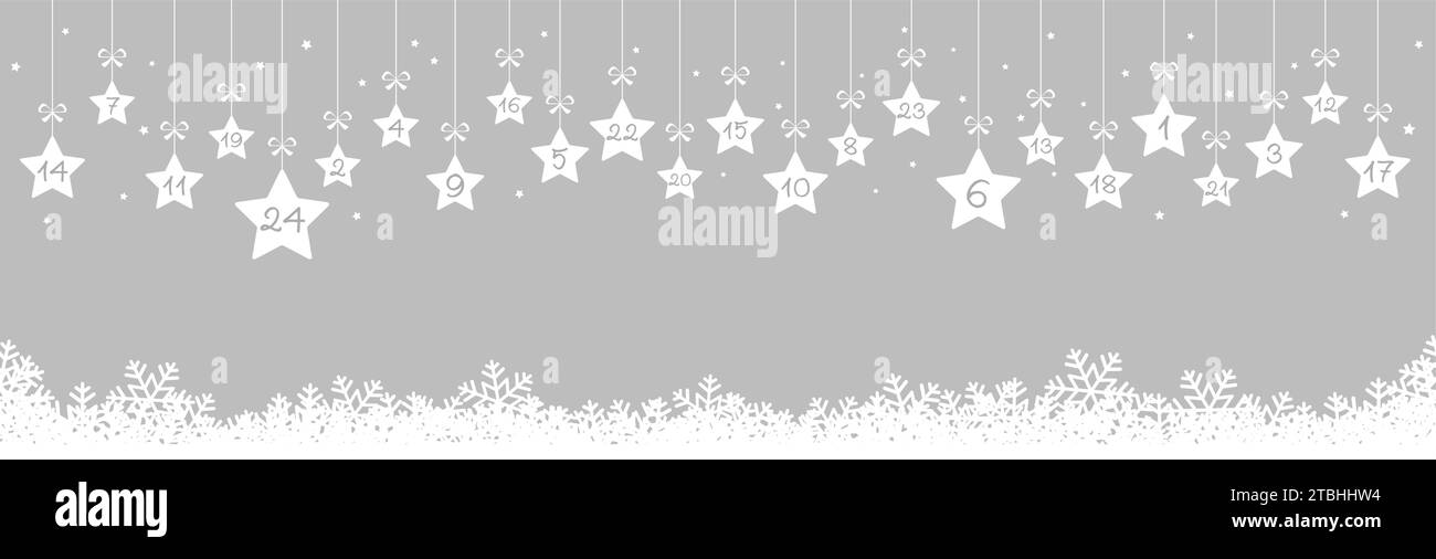 Hängende weihnachtssterne, weiß gefärbt mit den Zahlen 1 bis 24, die Adventskalender für Weihnachten- und Winterzeitkonzepte zeigen, silberfarbener Hintergrund mit s Stock Vektor