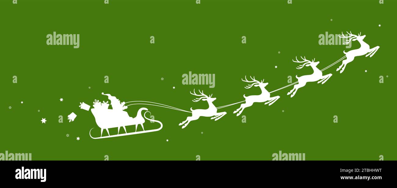 eps-Vektor-Illustration mit Silhouette des weißen Weihnachtsmanns mit Schlitten und Rentieren und einige Geschenke fliegen in den Himmel isoliert auf farbigem Hintergrund Stock Vektor
