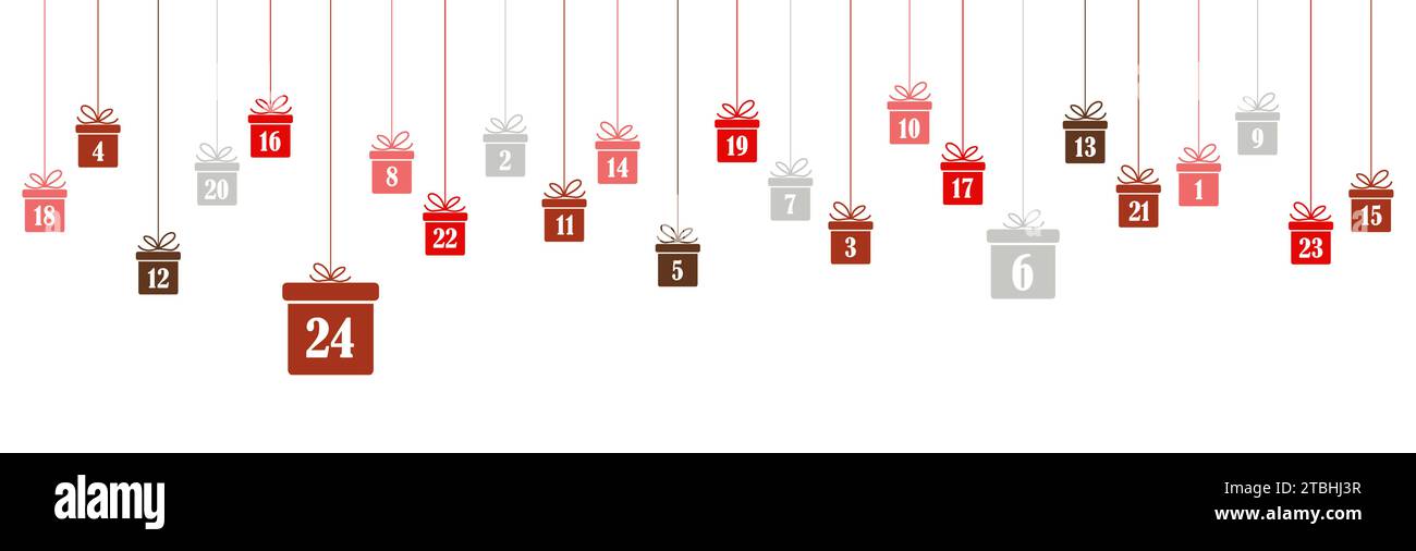 Hängende weihnachtsgeschenke rot mit den Zahlen 1 bis 24, die Adventskalender für Weihnachten und Winter zeigen, weißen Hintergrund Stock Vektor