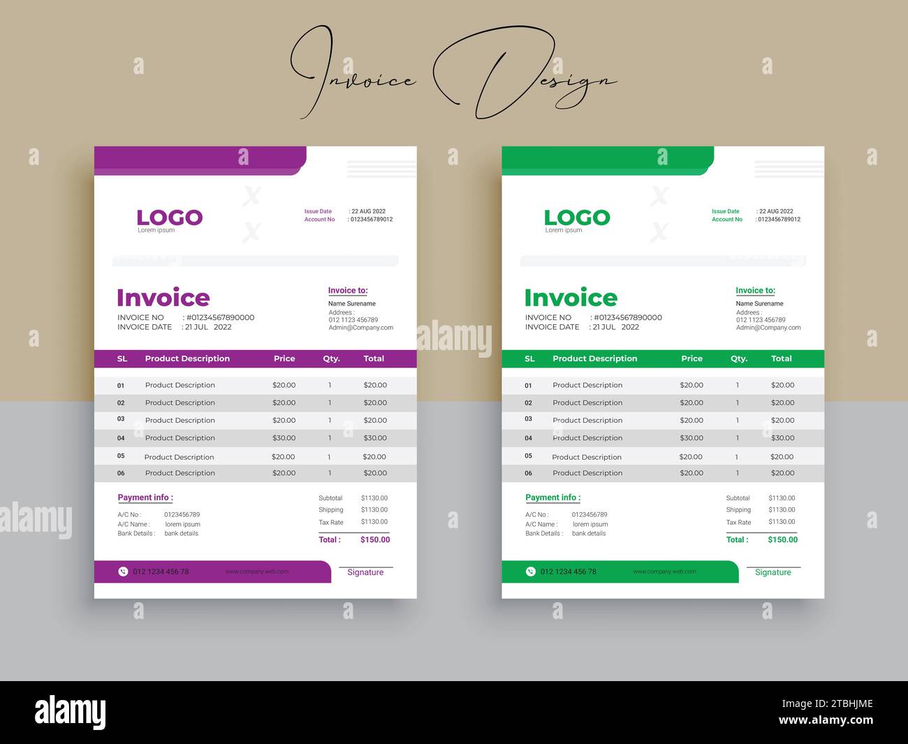 Rechnungsdesign. Formularvorlage für Geschäftsrechnungen. Rechnungslegungsvorlagen für Angebote, Geldrechnungen oder Preislisten und Zahlungsvereinbarungen. Design des Steuerformulars Stock Vektor